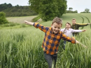 Children playing in a green wheat field on a Canadian farm during summer