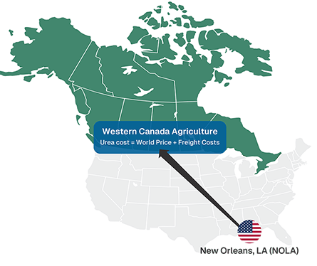 Map showing Genesis Fertilizers Belle Plaine project and farmer-investor network across Western Canada, compared to NOLA import routes .The State of the Fertilizer Industry